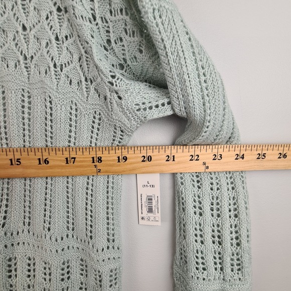 No Boundaries Pointelle Open Cardigan Jade Green Large 11/13 Juniors Knit Pocket - Picture 6 of 9